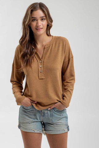 HALF BUTTON V NECK LONG SLEEVE KNIT TOP - Rise and Redemption