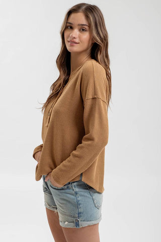 HALF BUTTON V NECK LONG SLEEVE KNIT TOP - Rise and Redemption
