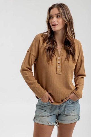 HALF BUTTON V NECK LONG SLEEVE KNIT TOP - Rise and Redemption