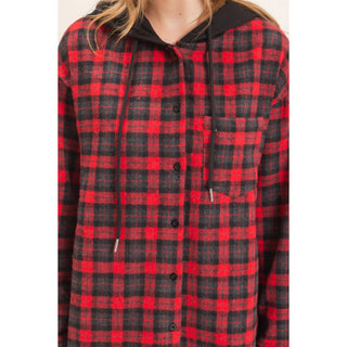 Hallie Hooded Plaid Button-Up Shirt - Rise and Redemption