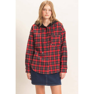 Hallie Hooded Plaid Button-Up Shirt - Rise and Redemption