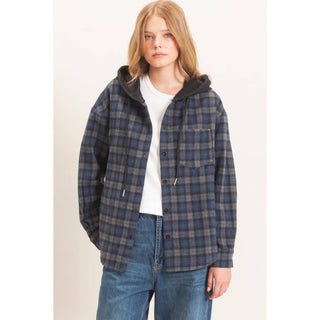 Hallie Hooded Plaid Button-Up Shirt - Rise and Redemption