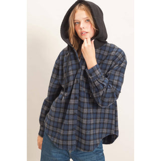 Hallie Hooded Plaid Button-Up Shirt - Rise and Redemption