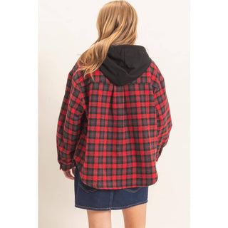 Hallie Hooded Plaid Button-Up Shirt - Rise and Redemption