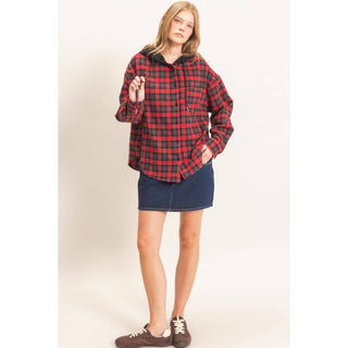 Hallie Hooded Plaid Button-Up Shirt - Rise and Redemption