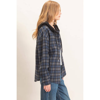 Hallie Hooded Plaid Button-Up Shirt - Rise and Redemption