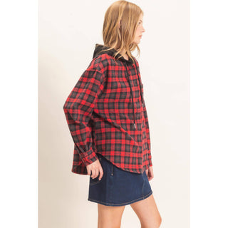 Hallie Hooded Plaid Button-Up Shirt - Rise and Redemption