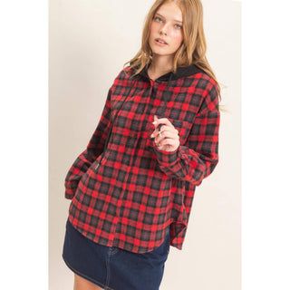 Hallie Hooded Plaid Button-Up Shirt - Rise and Redemption