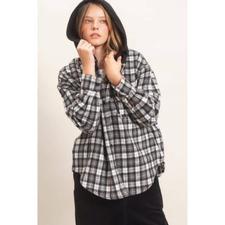 Hallie Hooded Plaid Button-Up Shirt - Rise and Redemption
