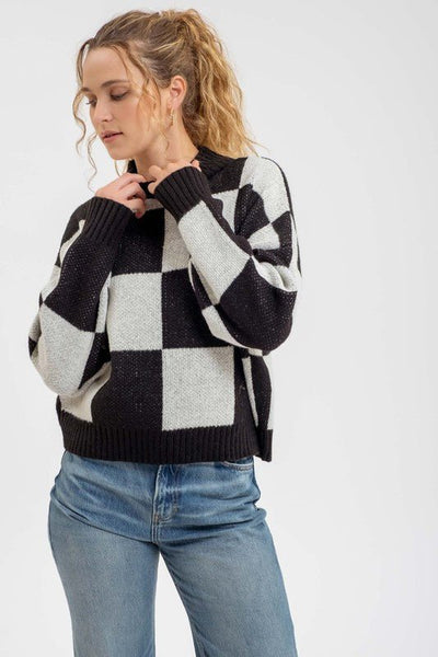 High Collar Checkered Sweater - Rise and Redemption