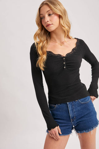 LACE TRIM BUTTON DOWN HENLEY KNIT TOP - Rise and Redemption
