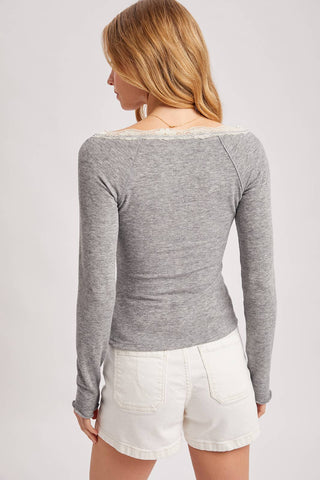 LACE TRIM BUTTON DOWN HENLEY KNIT TOP - Rise and Redemption