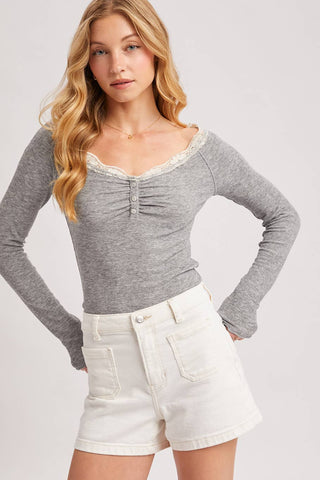 LACE TRIM BUTTON DOWN HENLEY KNIT TOP - Rise and Redemption