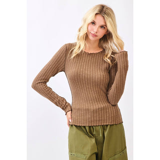 LETTUCE HEM LONG SLEEVE RIBBED KNIT SWEATER TOP - Rise and Redemption