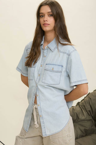 LIGHT DENIM COLLARED BUTTON DOWN SHIRT - Rise and Redemption