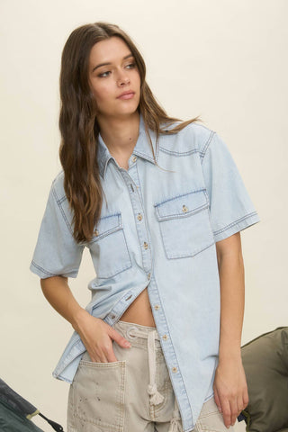 LIGHT DENIM COLLARED BUTTON DOWN SHIRT - Rise and Redemption