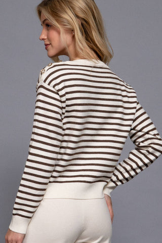 Long Sleeve Buttoned Shoulder Stripe Sweater - Rise and Redemption
