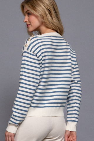 Long Sleeve Buttoned Shoulder Stripe Sweater - Rise and Redemption