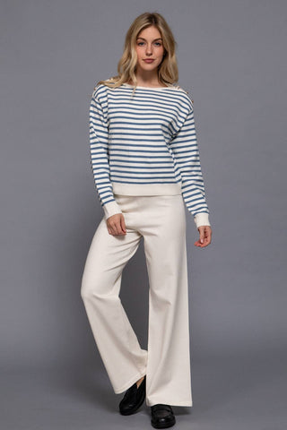 Long Sleeve Buttoned Shoulder Stripe Sweater - Rise and Redemption