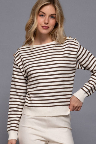 Long Sleeve Buttoned Shoulder Stripe Sweater - Rise and Redemption