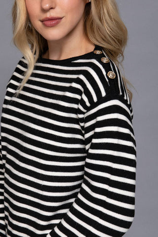 Long Sleeve Buttoned Shoulder Stripe Sweater - Rise and Redemption