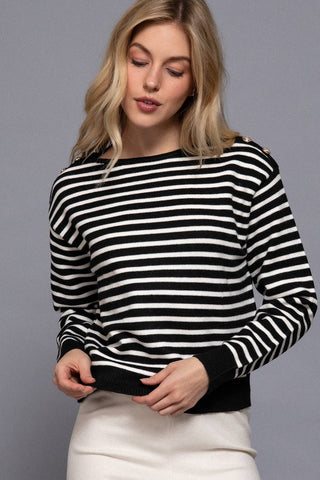 Long Sleeve Buttoned Shoulder Stripe Sweater - Rise and Redemption