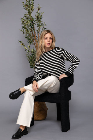 Long Sleeve Buttoned Shoulder Stripe Sweater - Rise and Redemption