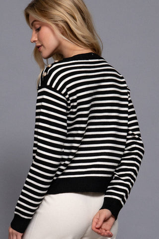 Long Sleeve Buttoned Shoulder Stripe Sweater - Rise and Redemption