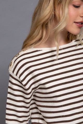 Long Sleeve Buttoned Shoulder Stripe Sweater - Rise and Redemption