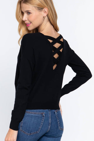 Long Sleeve V - neck Back Cross Strap Sweater - Rise and Redemption