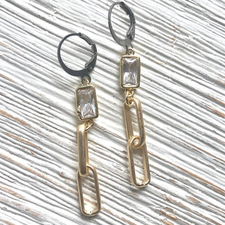 Matte gold paperclip earrings with crystal - Rise and Redemption