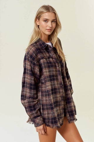 Melrose Merlot Plaid Flannel Shirt W/ Frayed Detail - Rise and Redemption
