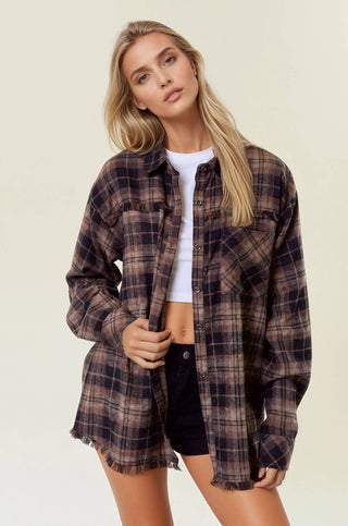 Melrose Merlot Plaid Flannel Shirt W/ Frayed Detail - Rise and Redemption