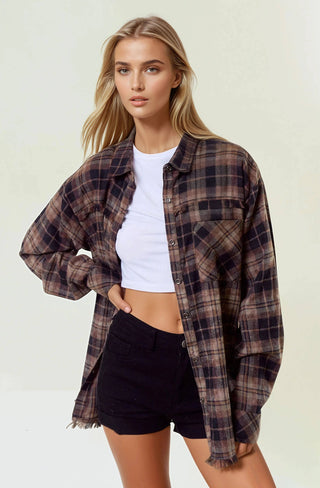 Melrose Merlot Plaid Flannel Shirt W/ Frayed Detail - Rise and Redemption
