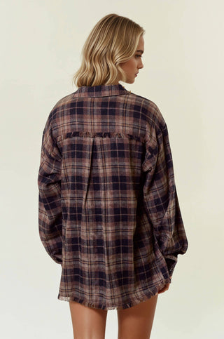 Melrose Merlot Plaid Flannel Shirt W/ Frayed Detail - Rise and Redemption