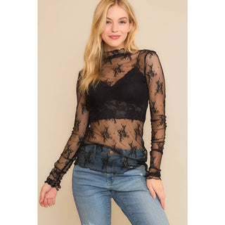 MESH LACE HIGH NECK DESIGN LONG SLEEVE FITTED TOP - Rise and Redemption