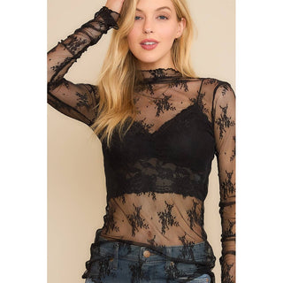 MESH LACE HIGH NECK DESIGN LONG SLEEVE FITTED TOP - Rise and Redemption
