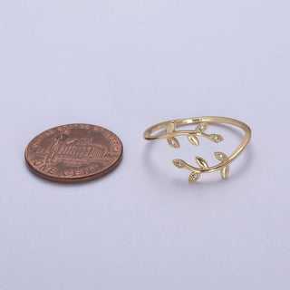 Micro Pave Olive Vine Leaf Adjustable Ring, Crystal Cubic Zirconia CZ Mother Nature Stacking Ring, Minimalist 16K Gold Filled Ring, Gift For Her Plant Mom U-436 - Rise and Redemption