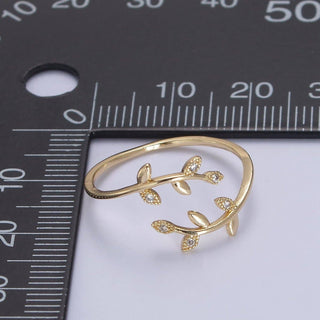 Micro Pave Olive Vine Leaf Adjustable Ring, Crystal Cubic Zirconia CZ Mother Nature Stacking Ring, Minimalist 16K Gold Filled Ring, Gift For Her Plant Mom U-436 - Rise and Redemption