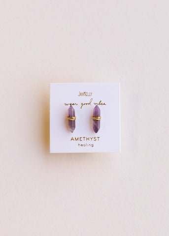 Mineral Point - Amethyst - Gold Wire Wrapped Earrings - Rise and Redemption