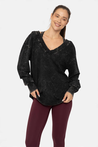 Mineral Wash Cotton Blend Deep V - Neck Long Sleeve - Rise and Redemption