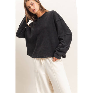 Mineral Wash Oversized Raw Edge Crew Neck Top - Rise and Redemption