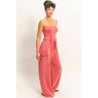 Mineral Wash Strapless Wide - Leg Jumpsuit - Rise and Redemption