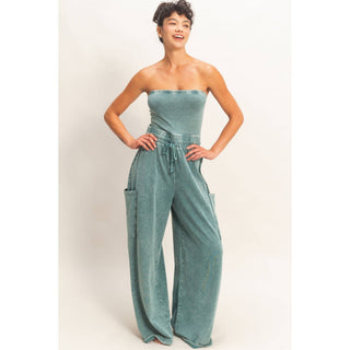 Mineral Wash Strapless Wide - Leg Jumpsuit - Rise and Redemption