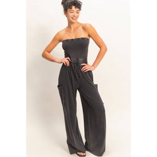Mineral Wash Strapless Wide - Leg Jumpsuit - Rise and Redemption