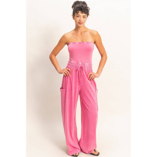 Mineral Wash Strapless Wide - Leg Jumpsuit - Rise and Redemption