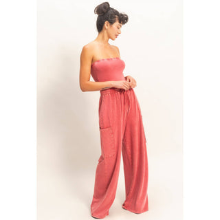 Mineral Wash Strapless Wide - Leg Jumpsuit - Rise and Redemption