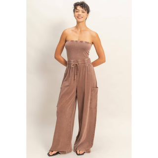 Mineral Wash Strapless Wide - Leg Jumpsuit - Rise and Redemption