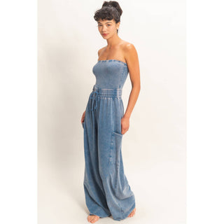 Mineral Wash Strapless Wide - Leg Jumpsuit - Rise and Redemption