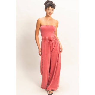 Mineral Wash Strapless Wide - Leg Jumpsuit - Rise and Redemption